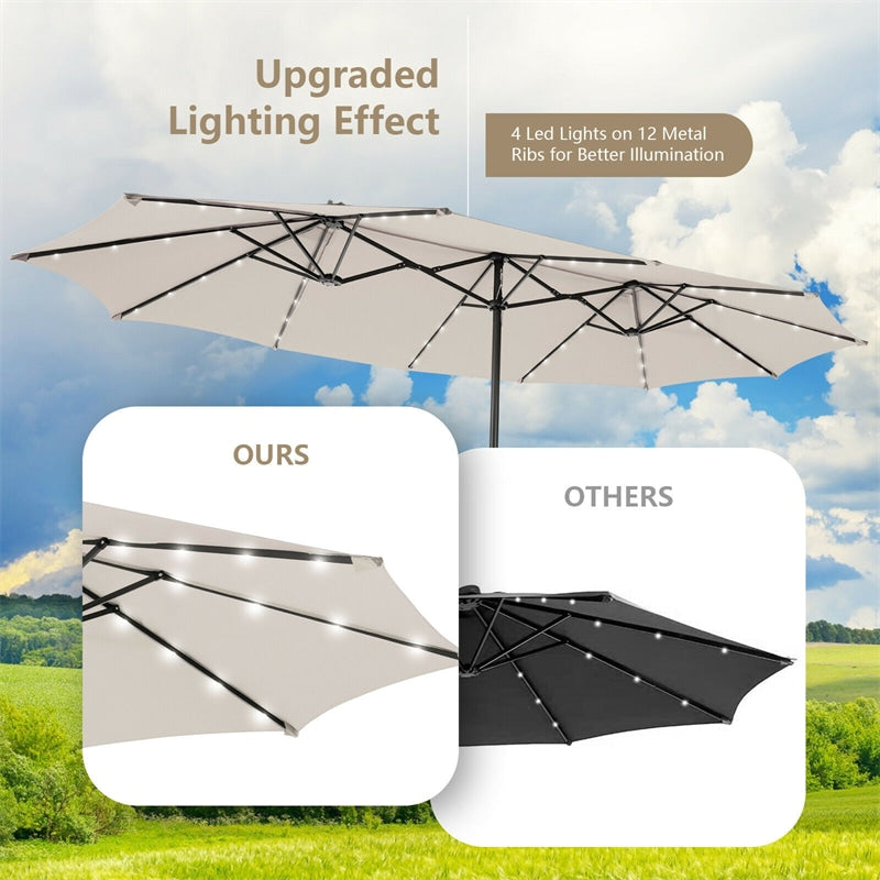 15FT Double-Sided Patio Umbrella with 48 Solar LED Lights & Crank, 12 Ribs Large Outdoor Market Umbrella for Poolside, Garden & Backyard