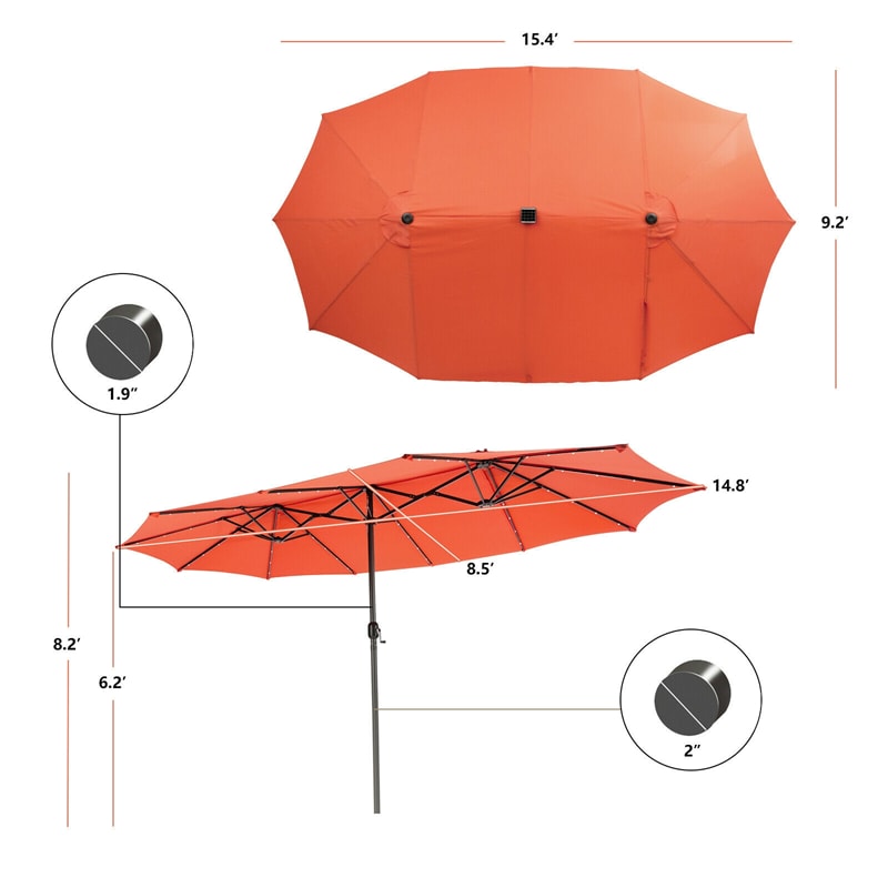 15FT Double-Sided Patio Umbrella with 48 Solar LED Lights & Crank, 12 Ribs Large Outdoor Market Umbrella for Poolside, Garden & Backyard