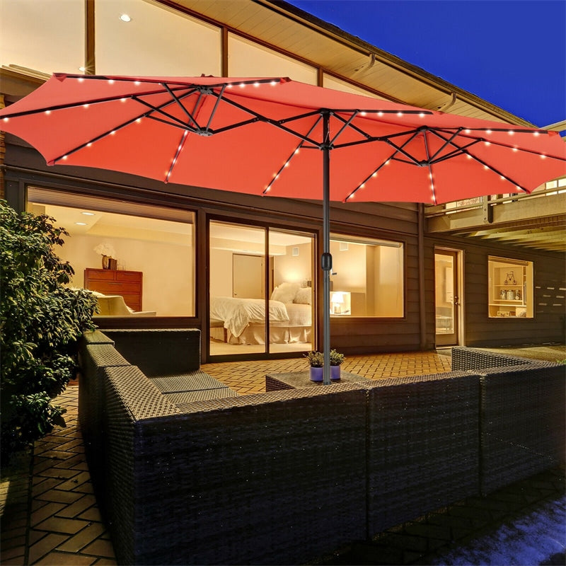 15FT Double-Sided Patio Umbrella with 48 Solar LED Lights & Crank, 12 Ribs Large Outdoor Market Umbrella for Poolside, Garden & Backyard