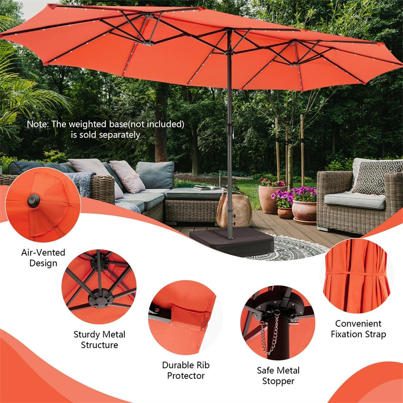 15FT Double-Sided Patio Umbrella with 48 Solar LED Lights & Crank, 12 Ribs Large Outdoor Market Umbrella for Poolside, Garden & Backyard
