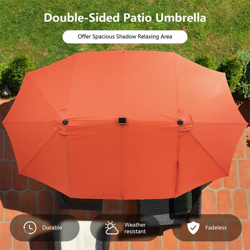 15FT Double-Sided Patio Umbrella with 48 Solar LED Lights & Crank, 12 Ribs Large Outdoor Market Umbrella for Poolside, Garden & Backyard