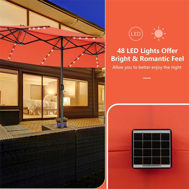 15FT Double-Sided Patio Umbrella with 48 Solar LED Lights & Crank, 12 Ribs Large Outdoor Market Umbrella for Poolside, Garden & Backyard