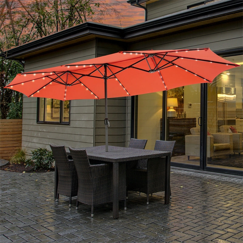15FT Double-Sided Patio Umbrella with 48 Solar LED Lights & Crank, 12 Ribs Large Outdoor Market Umbrella for Poolside, Garden & Backyard