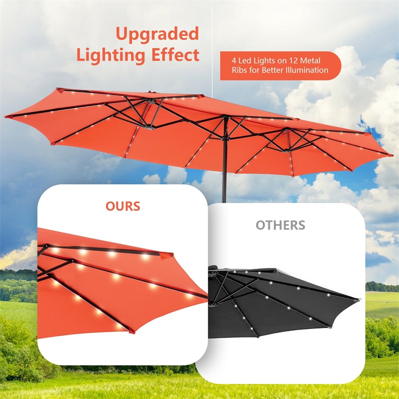 15FT Double-Sided Patio Umbrella with 48 Solar LED Lights & Crank, 12 Ribs Large Outdoor Market Umbrella for Poolside, Garden & Backyard