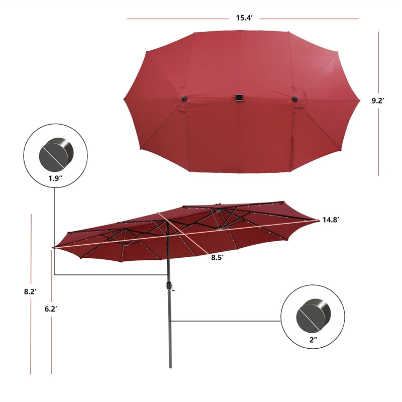 15FT Double-Sided Patio Umbrella with 48 Solar LED Lights & Crank, 12 Ribs Large Outdoor Market Umbrella for Poolside, Garden & Backyard