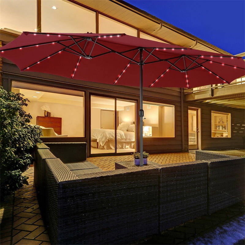 15FT Double-Sided Patio Umbrella with 48 Solar LED Lights & Crank, 12 Ribs Large Outdoor Market Umbrella for Poolside, Garden & Backyard