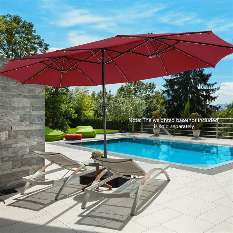 15FT Double-Sided Patio Umbrella with 48 Solar LED Lights & Crank, 12 Ribs Large Outdoor Market Umbrella for Poolside, Garden & Backyard