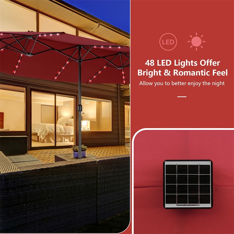 15FT Double-Sided Patio Umbrella with 48 Solar LED Lights & Crank, 12 Ribs Large Outdoor Market Umbrella for Poolside, Garden & Backyard