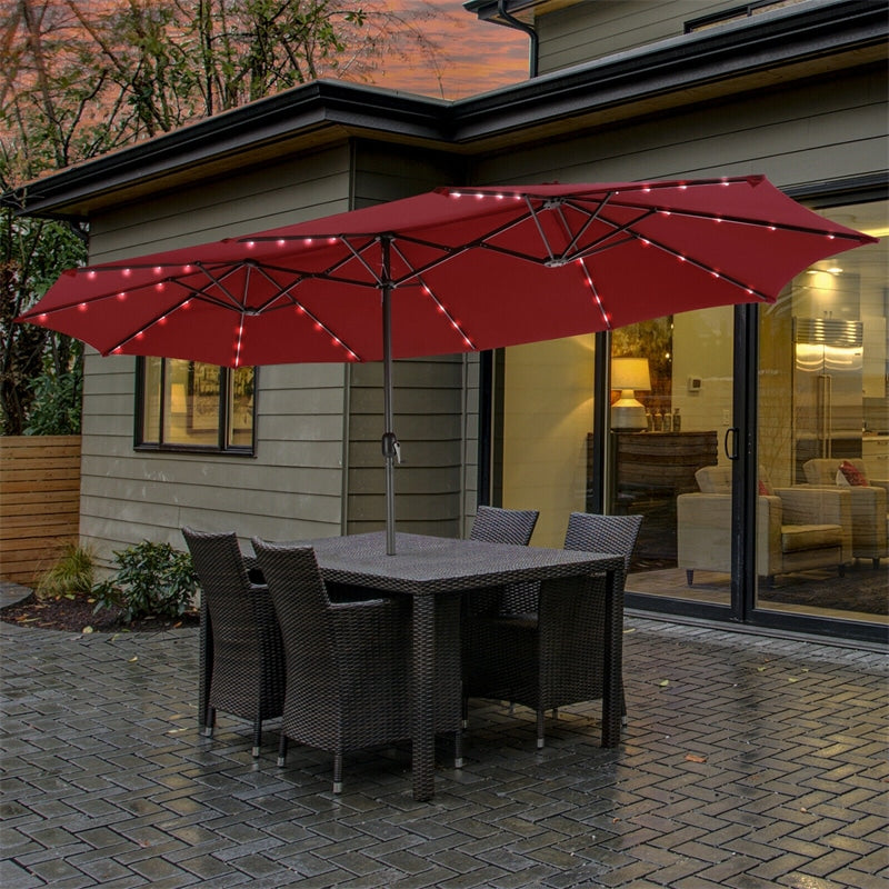 15FT Double-Sided Patio Umbrella with 48 Solar LED Lights & Crank, 12 Ribs Large Outdoor Market Umbrella for Poolside, Garden & Backyard