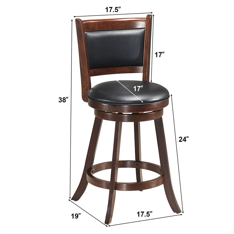24" Wood Swivel Bar Stools Set of 2 with Back & PVC Leather Cushion Seat, Upholstered Counter Height Bar Chairs for Kitchen Dining Room