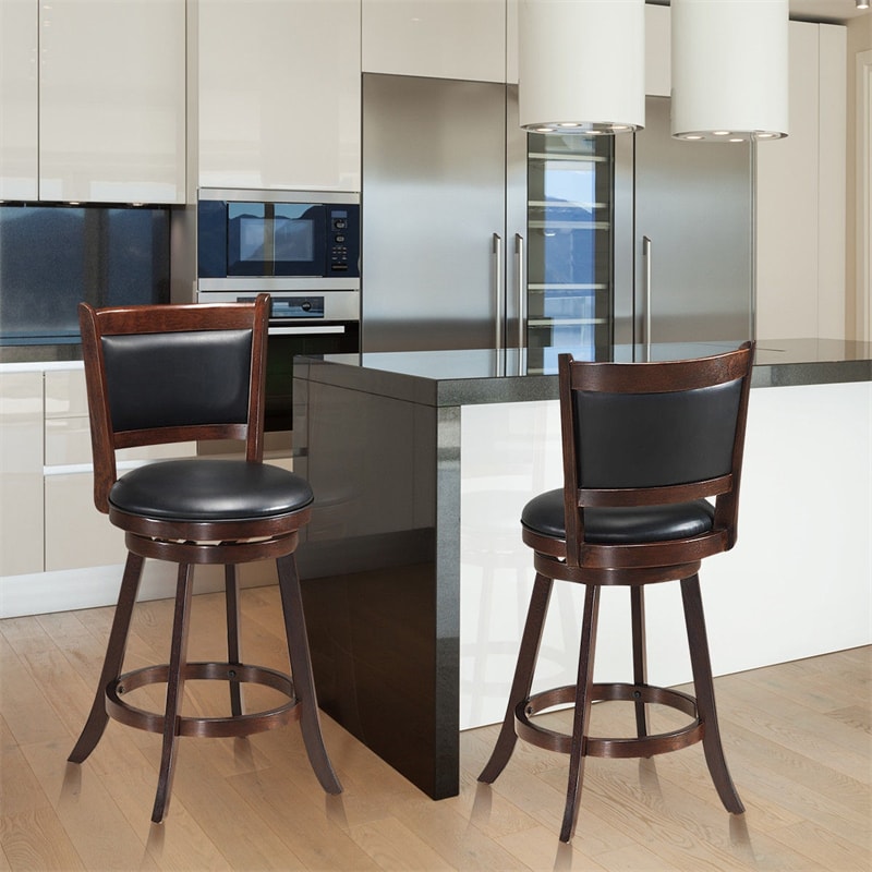 24" Wood Swivel Bar Stools Set of 2 with Back & PVC Leather Cushion Seat, Upholstered Counter Height Bar Chairs for Kitchen Dining Room