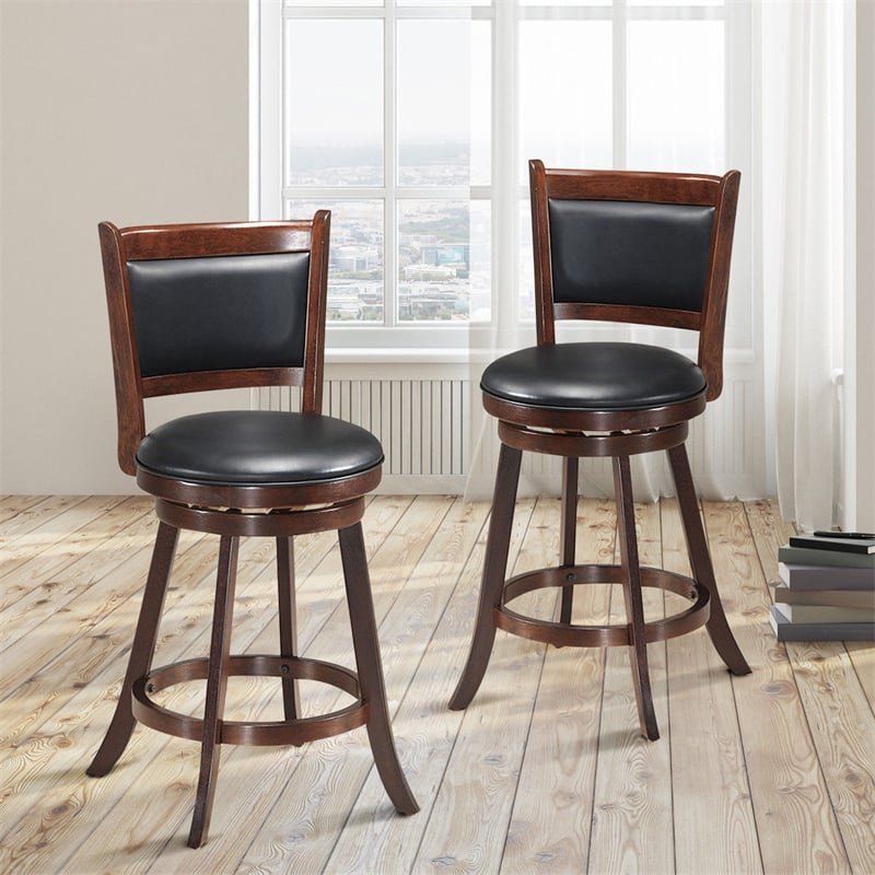 24" Wood Swivel Bar Stools Set of 2 with Back & PVC Leather Cushion Seat, Upholstered Counter Height Bar Chairs for Kitchen Dining Room