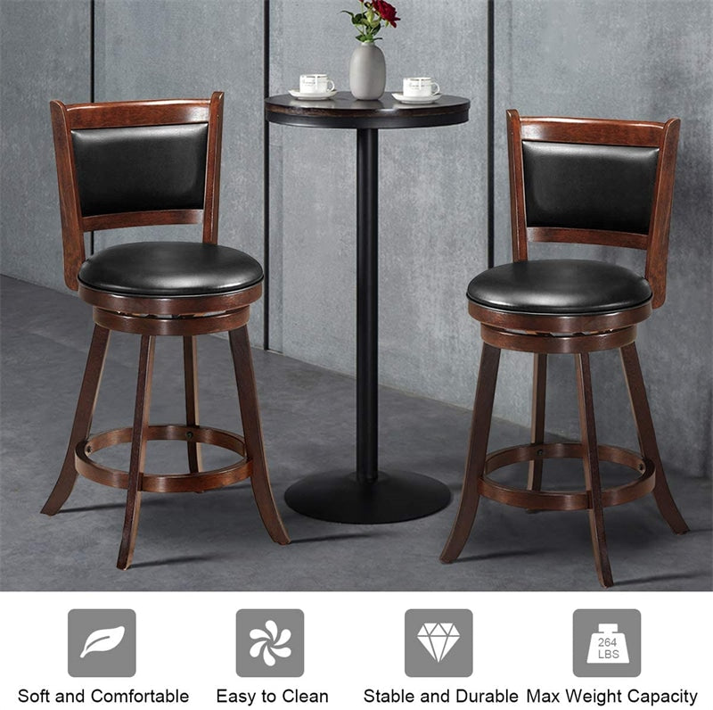 24" Wood Swivel Bar Stools Set of 2 with Back & PVC Leather Cushion Seat, Upholstered Counter Height Bar Chairs for Kitchen Dining Room