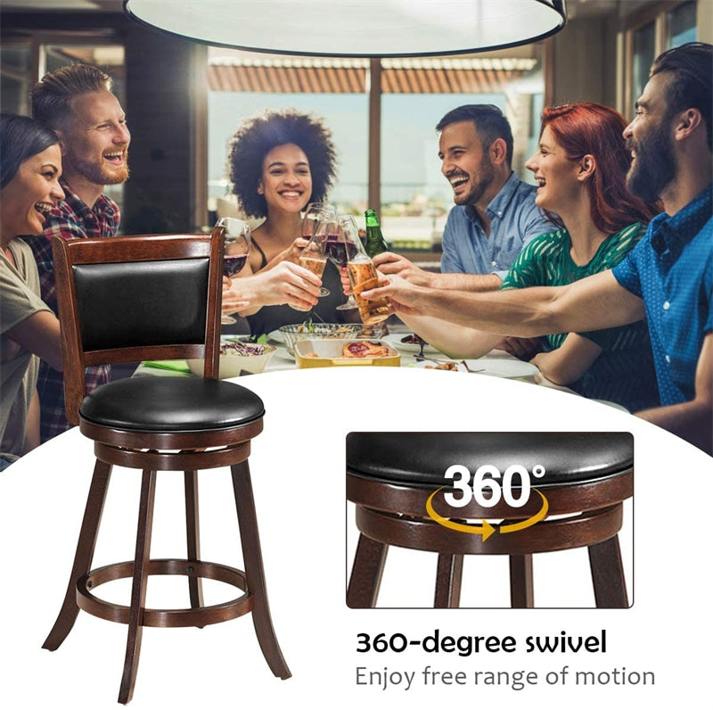 24" Wood Swivel Bar Stools Set of 2 with Back & PVC Leather Cushion Seat, Upholstered Counter Height Bar Chairs for Kitchen Dining Room