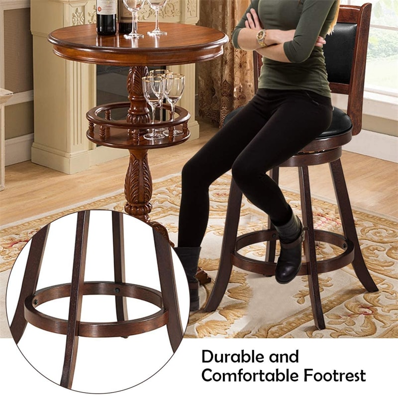 24" Wood Swivel Bar Stools Set of 2 with Back & PVC Leather Cushion Seat, Upholstered Counter Height Bar Chairs for Kitchen Dining Room