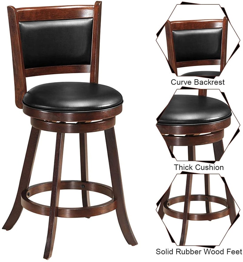 24" Wood Swivel Bar Stools Set of 2 with Back & PVC Leather Cushion Seat, Upholstered Counter Height Bar Chairs for Kitchen Dining Room