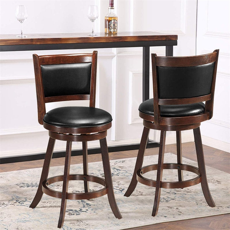 24" Wood Swivel Bar Stools Set of 2 with Back & PVC Leather Cushion Seat, Upholstered Counter Height Bar Chairs for Kitchen Dining Room