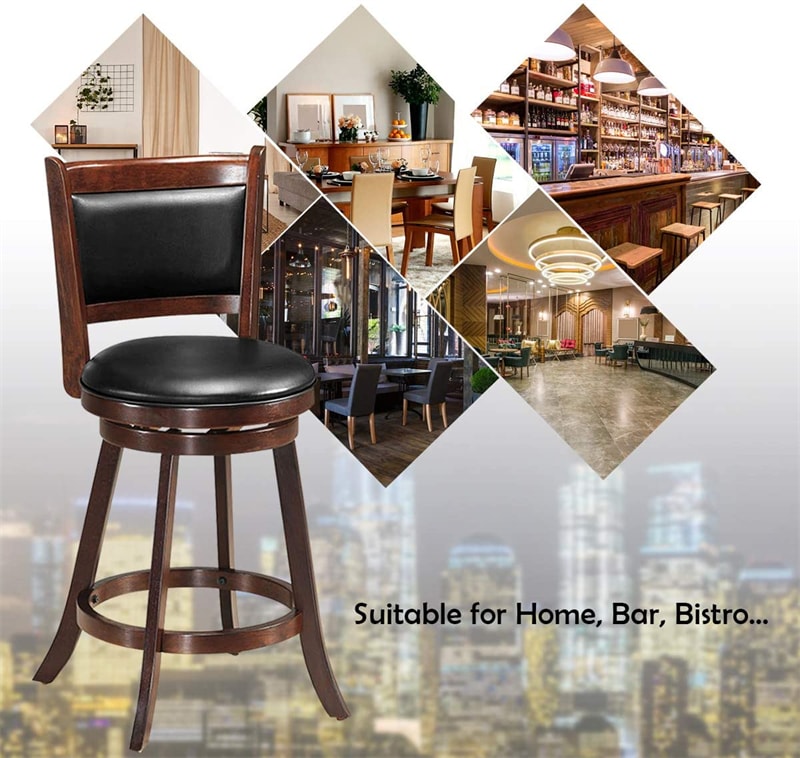 24" Wood Swivel Bar Stools Set of 2 with Back & PVC Leather Cushion Seat, Upholstered Counter Height Bar Chairs for Kitchen Dining Room