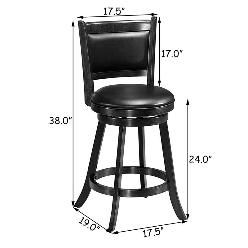 24" Wood Swivel Bar Stools Set of 2 with Back & PVC Leather Cushion Seat, Upholstered Counter Height Bar Chairs for Kitchen Dining Room