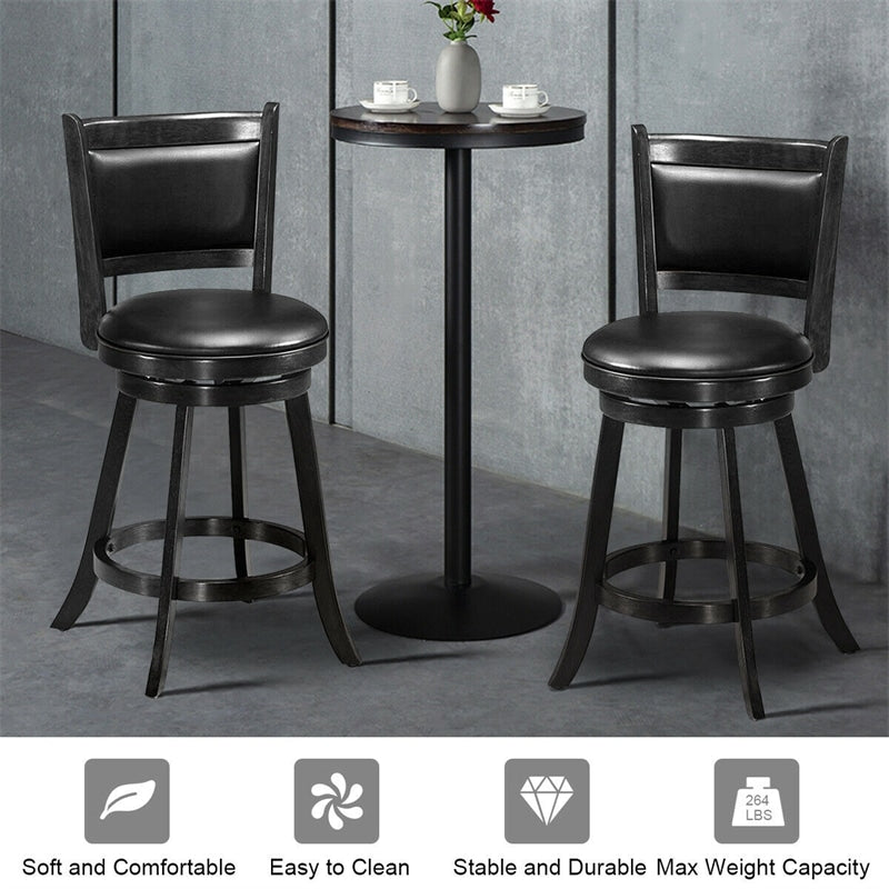 24" Wood Swivel Bar Stools Set of 2 with Back & PVC Leather Cushion Seat, Upholstered Counter Height Bar Chairs for Kitchen Dining Room