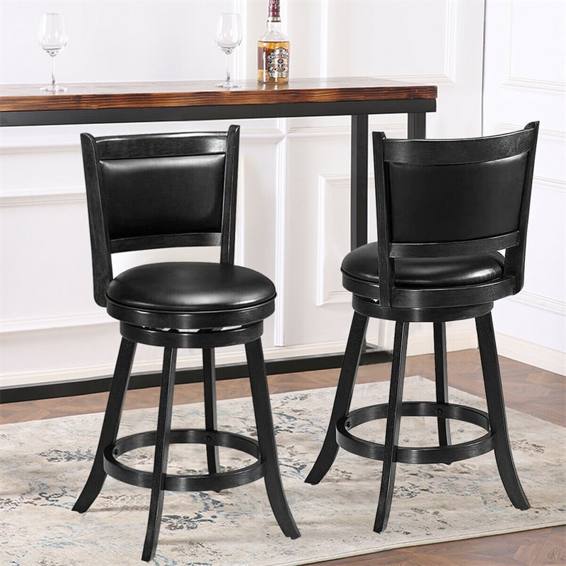 24" Wood Swivel Bar Stools Set of 2 with Back & PVC Leather Cushion Seat, Upholstered Counter Height Bar Chairs for Kitchen Dining Room