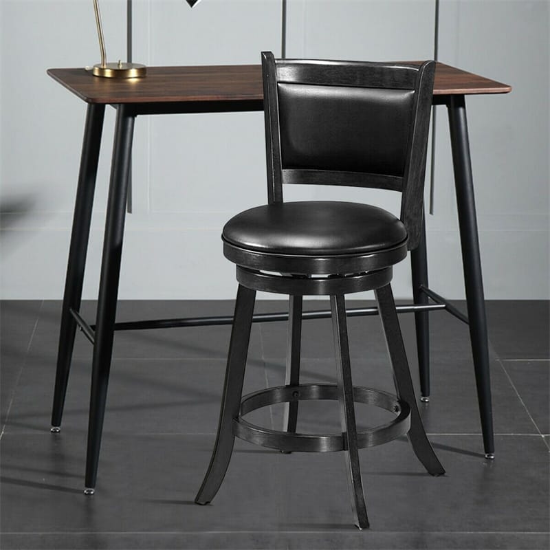 24" Wood Swivel Bar Stools Set of 2 with Back & PVC Leather Cushion Seat, Upholstered Counter Height Bar Chairs for Kitchen Dining Room