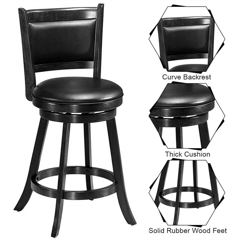 24" Wood Swivel Bar Stools Set of 2 with Back & PVC Leather Cushion Seat, Upholstered Counter Height Bar Chairs for Kitchen Dining Room
