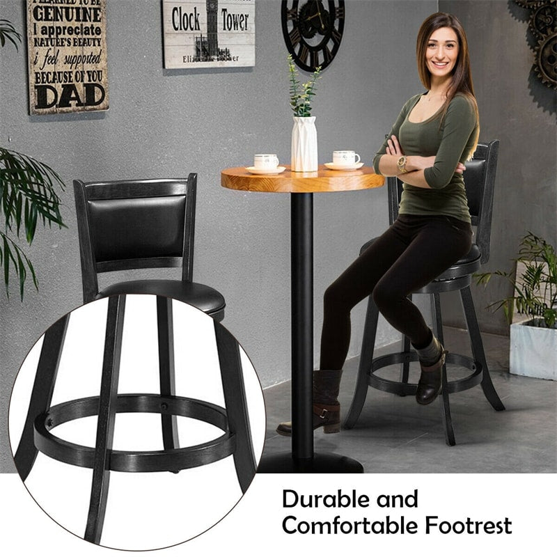 24" Wood Swivel Bar Stools Set of 2 with Back & PVC Leather Cushion Seat, Upholstered Counter Height Bar Chairs for Kitchen Dining Room