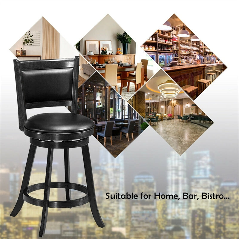 24" Wood Swivel Bar Stools Set of 2 with Back & PVC Leather Cushion Seat, Upholstered Counter Height Bar Chairs for Kitchen Dining Room