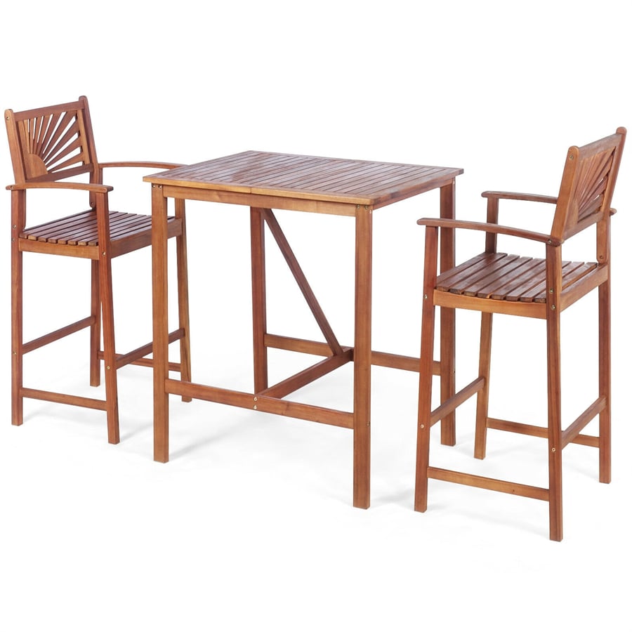 3 Pcs Acacia Wood Dining Set Outdoor Patio Bar Table Set Bistro Set with Two Bar Stools