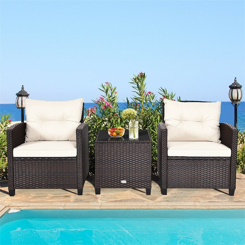 3 Pcs Rattan Patio Conversation Set Outdoor Wicker Sofa Set with Washable Cushions & Coffee Table