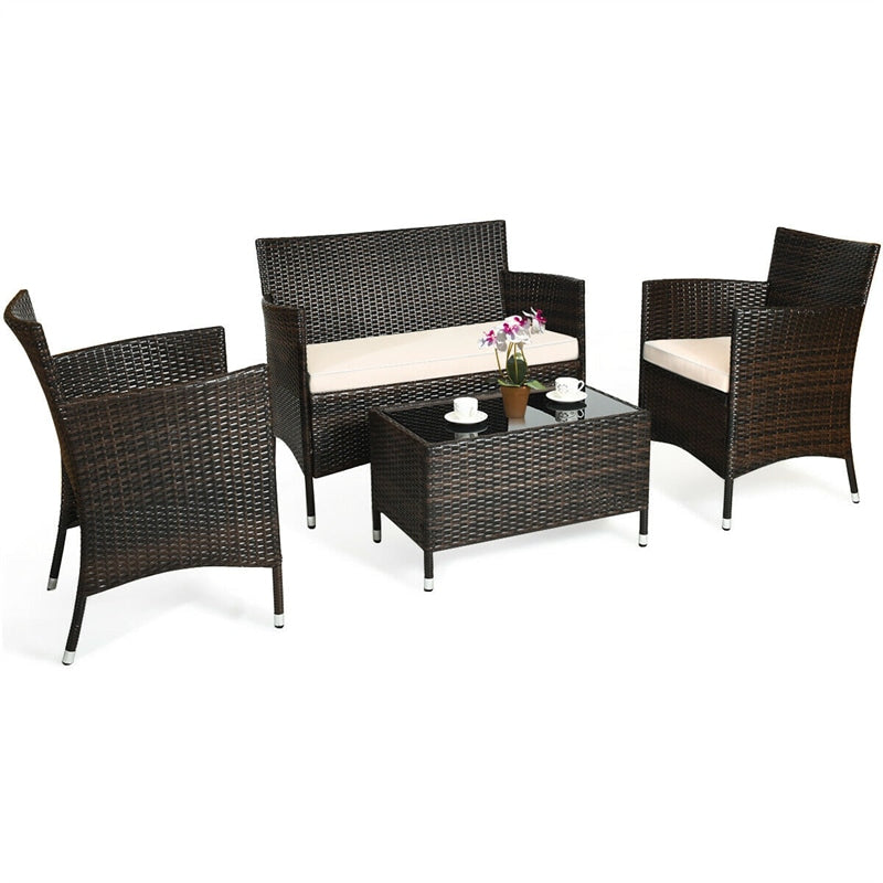 4 Pcs Rattan Wicker Patio Conversation Sets with Loveseat, Single Sofas, Coffe Table, Outdoor Bistro Set