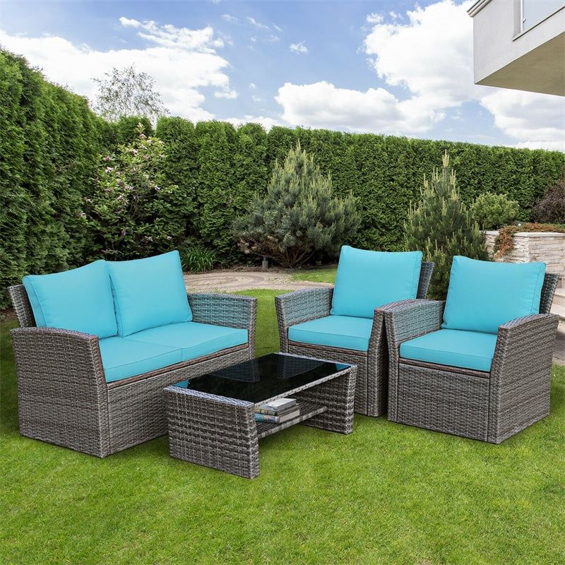 4 Pcs Rattan Patio Sectional Furniture Set with Storage Shelf Table, Cushioned Outdoor Wicker Conversation Sofa Set