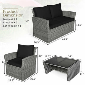 4 Pcs Rattan Patio Sectional Furniture Set with Storage Shelf Table, Cushioned Outdoor Wicker Conversation Sofa Set