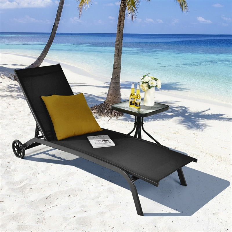 Quick-Drying Outdoor Chaise Lounge Chair with Wheels, 6-Position Patio Beach Pool Lounge Chair Lawn Sun Lounger