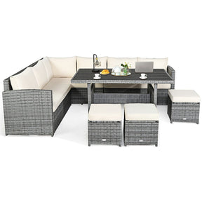 7 Pcs Rattan Patio Dining Furniture Sectional Sofa Set with Dining Table, Ottomans & Cushions