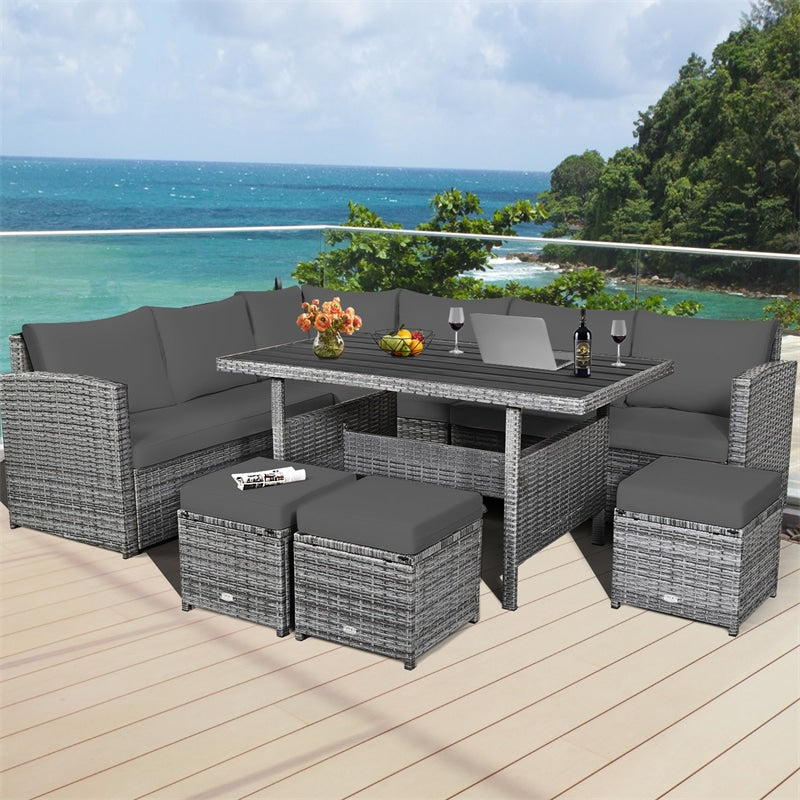 7 Pcs Rattan Patio Dining Furniture Sectional Sofa Set with Dining Table, Ottomans & Cushions