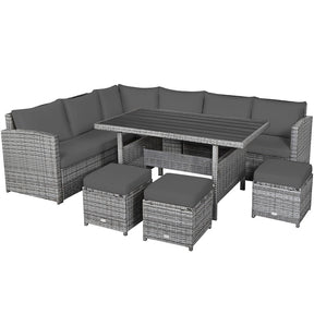 7 Pcs Rattan Patio Dining Furniture Sectional Sofa Set with Dining Table, Ottomans & Cushions