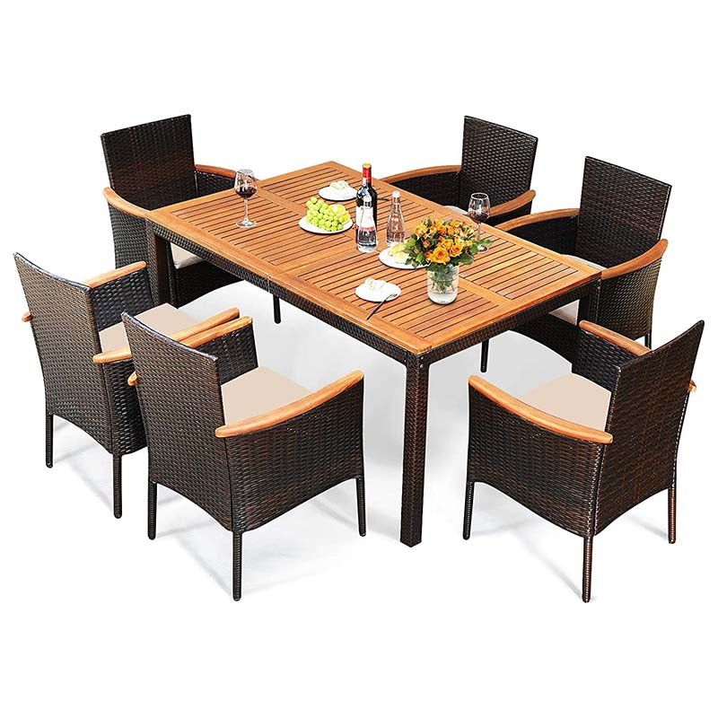 7 Pcs Rattan Patio Dining Set with Umbrella Hole, Acacia Wood Tabletop & Cushioned Stackable Armchairs