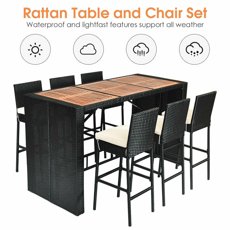 7 Pcs Rattan Patio Bar Set Dining Table Set with Acacia Wood Tabletop & Bar Stools, Soft Cushions