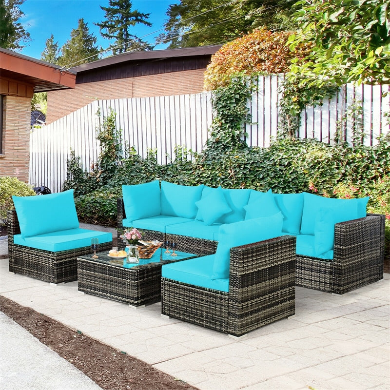 7 Pcs Rattan Patio Sectional Couch Set Outdoor Wicker Furniture Set with Cushions & Coffee Table