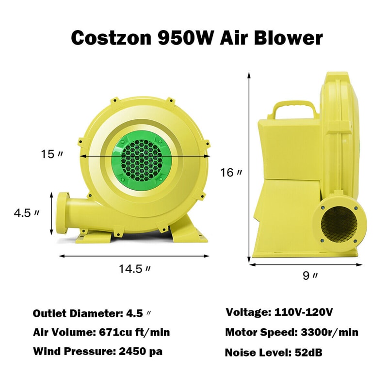 950 Watt 1.25 HP Air Blower for Inflatable Bounce House Bouncy Castle, Portable Pump Fan Commercial Inflatable Bouncer Blower