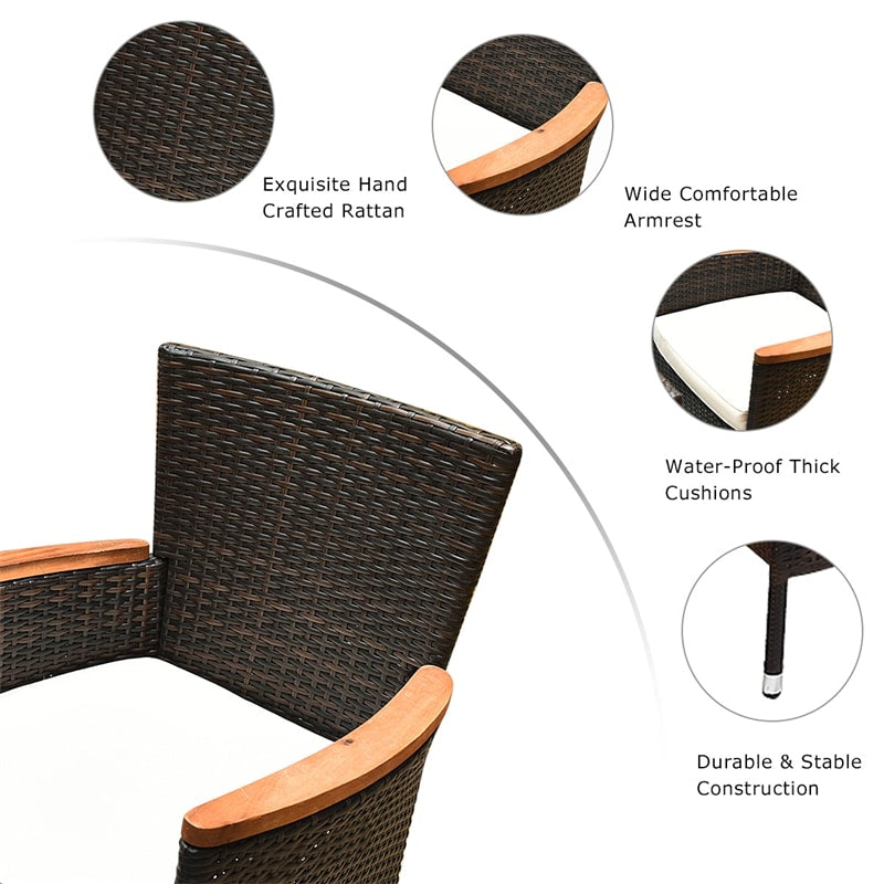 9 Piece Rattan Patio Dining Set with Acacia Wood Tabletop & Cushioned Stackable Armchairs