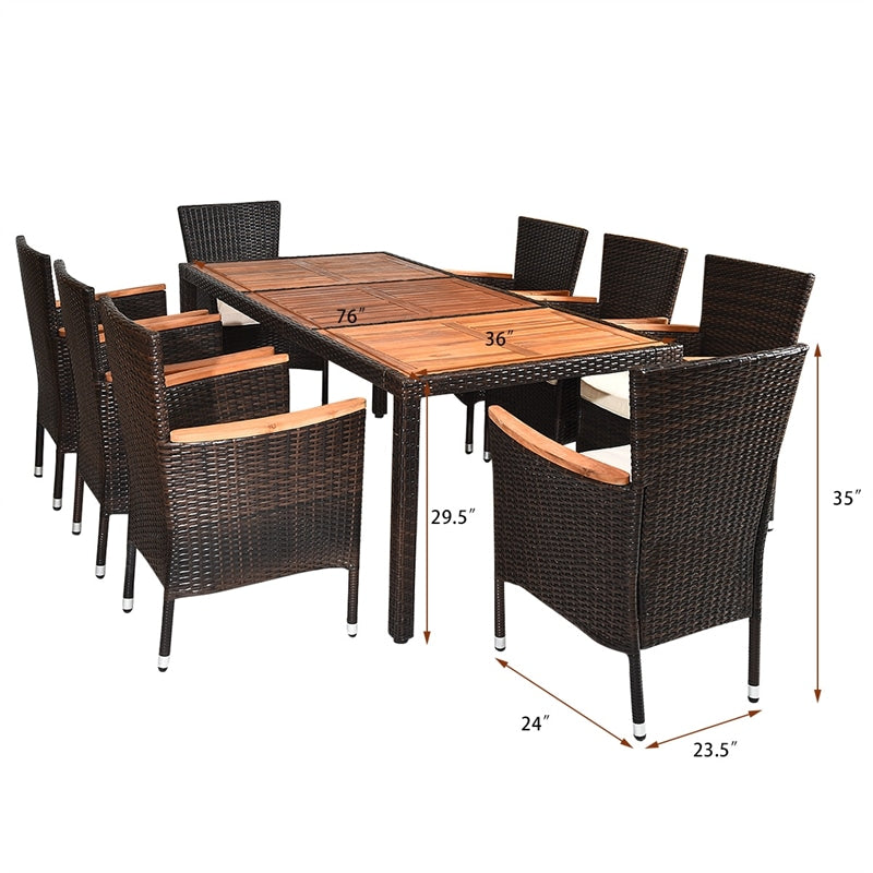 9 Piece Rattan Patio Dining Set with Acacia Wood Tabletop & Cushioned Stackable Armchairs