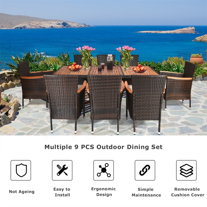 9 Piece Rattan Patio Dining Set with Acacia Wood Tabletop & Cushioned Stackable Armchairs