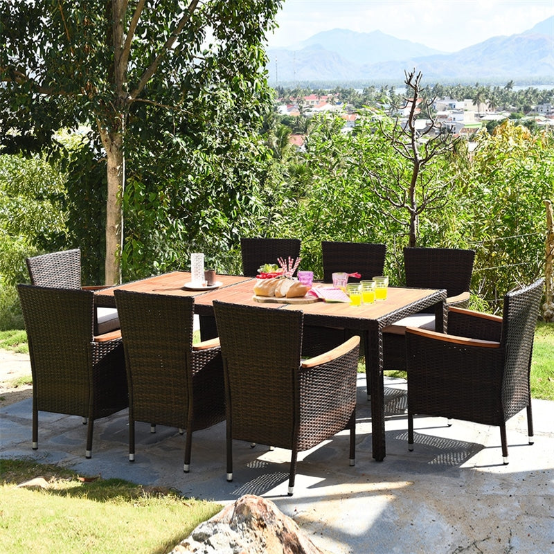 9 Piece Rattan Patio Dining Set with Acacia Wood Tabletop & Cushioned Stackable Armchairs