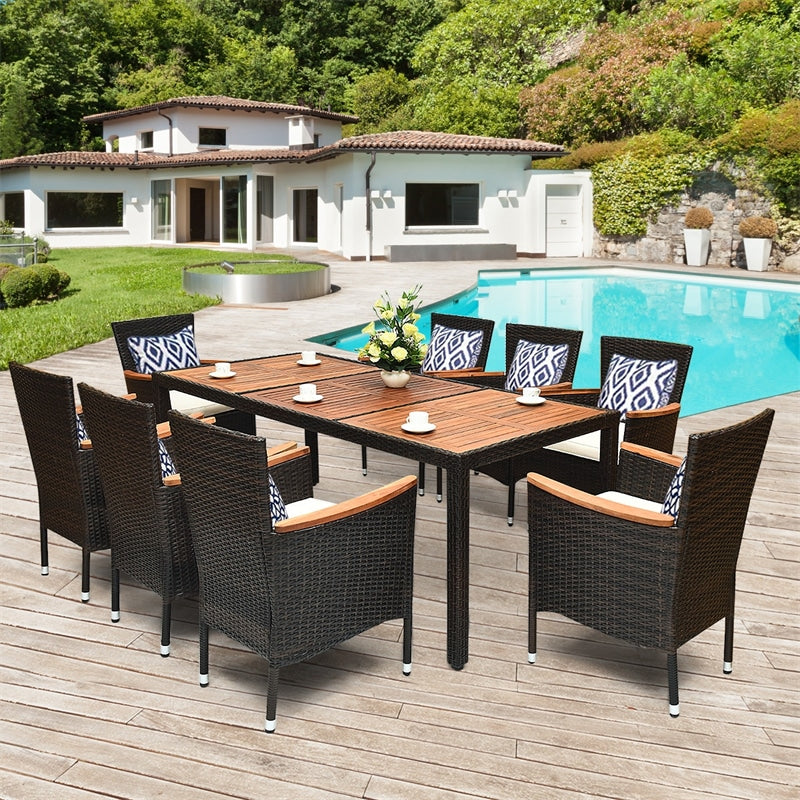 9 Piece Rattan Patio Dining Set with Acacia Wood Tabletop & Cushioned Stackable Armchairs