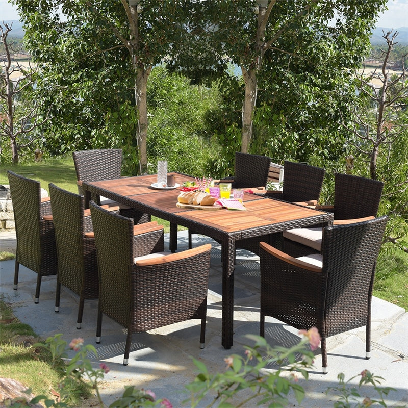 9 Piece Rattan Patio Dining Set with Acacia Wood Tabletop & Cushioned Stackable Armchairs