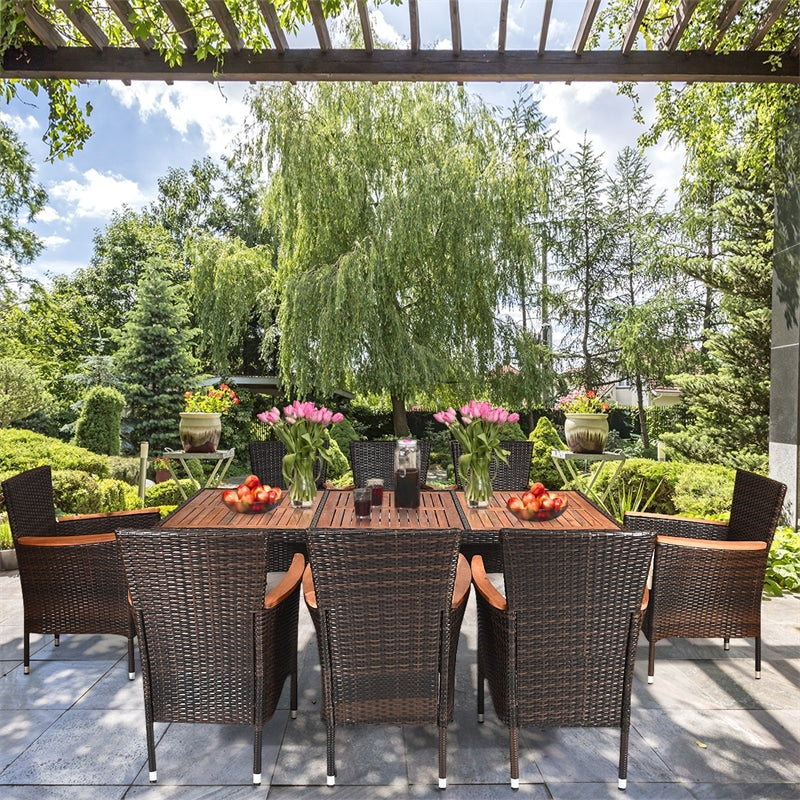 9 Piece Rattan Patio Dining Set with Acacia Wood Tabletop & Cushioned Stackable Armchairs