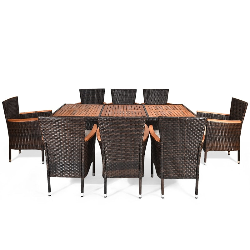 9 Piece Rattan Patio Dining Set with Acacia Wood Tabletop & Cushioned Stackable Armchairs